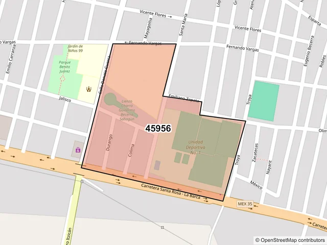 Mapa del código postal 45956, Poncitlán, Jalisco