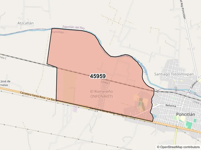 Mapa del código postal 45959, Poncitlán, Jalisco