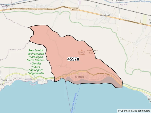 Mapa del código postal 45970, Poncitlán, Jalisco