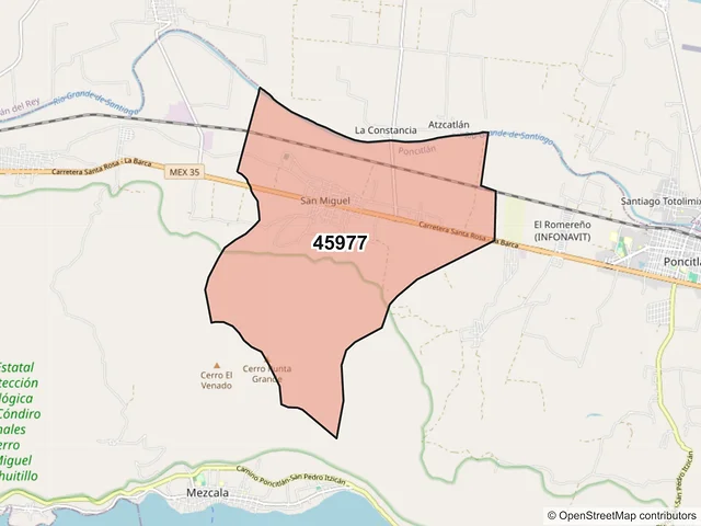 Mapa del código postal 45977, Poncitlán, Jalisco