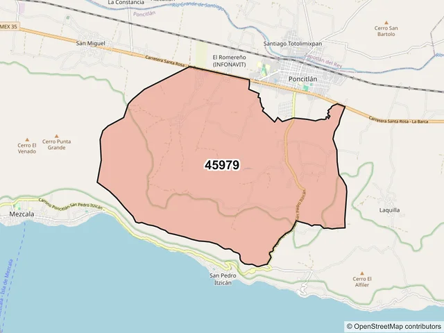Mapa del código postal 45979, Poncitlán, Jalisco