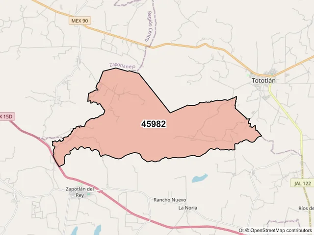 Mapa del código postal 45982, Zapotlán del Rey, Jalisco