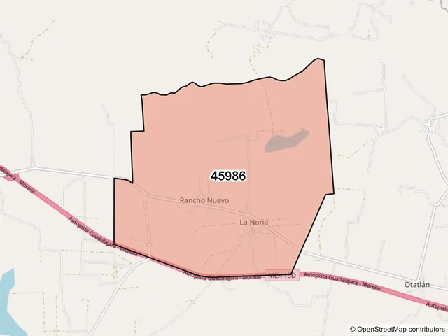 Mapa del código postal 45986, Zapotlán del Rey, Jalisco