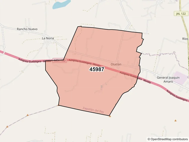Mapa del código postal 45987, Zapotlán del Rey, Jalisco