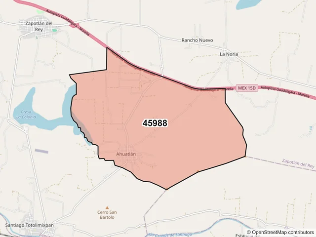 Mapa del código postal 45988, Zapotlán del Rey, Jalisco