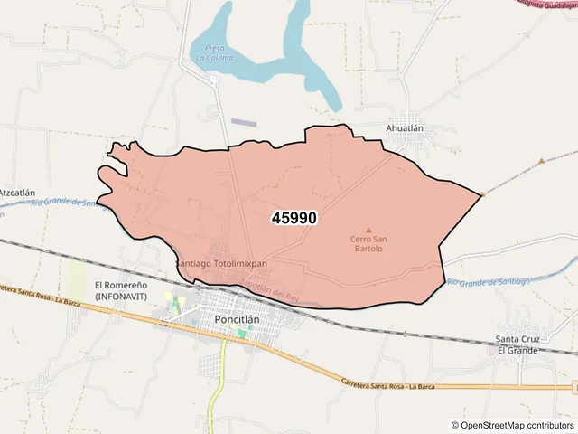 Mapa del código postal 45990, Zapotlán del Rey, Jalisco