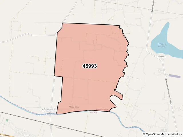 Mapa del código postal 45993, Zapotlán del Rey, Jalisco