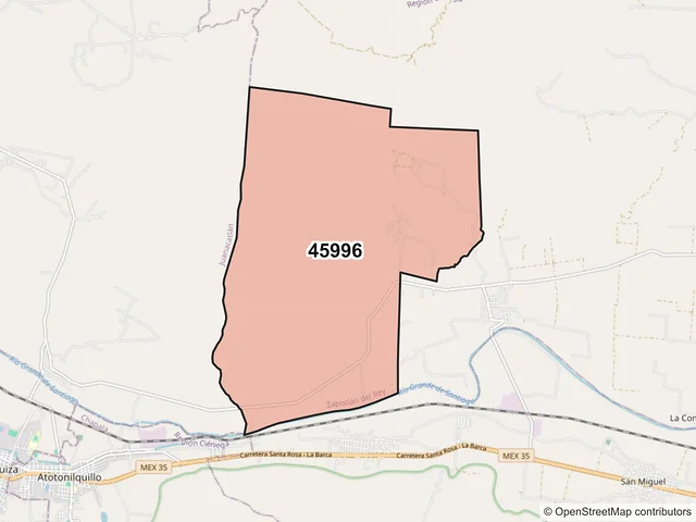 Mapa del código postal 45996, Zapotlán del Rey, Jalisco