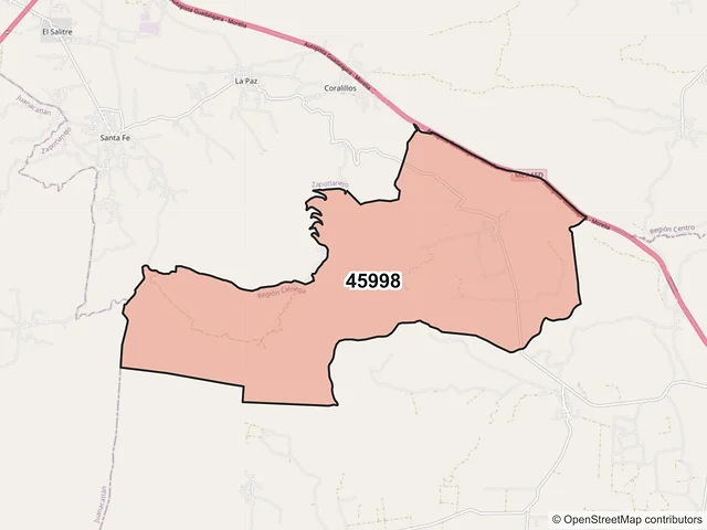 Mapa del código postal 45998, Zapotlán del Rey, Jalisco