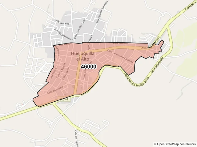 Mapa del código postal 46000, Huejuquilla el Alto, Jalisco