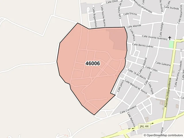 Mapa del código postal 46006, Huejuquilla el Alto, Jalisco