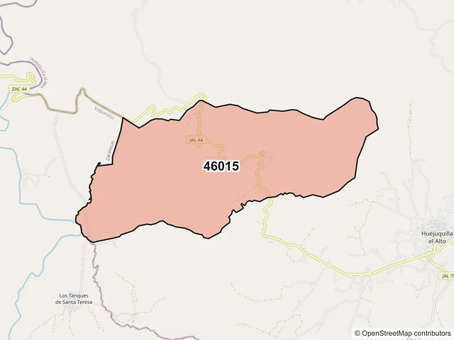 Mapa del código postal 46015, Huejuquilla el Alto, Jalisco