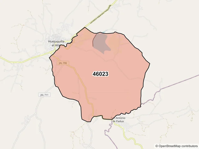 Mapa del código postal 46023, Huejuquilla el Alto, Jalisco