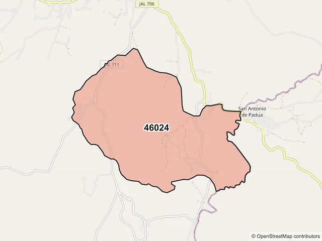 Mapa del código postal 46024, Huejuquilla el Alto, Jalisco