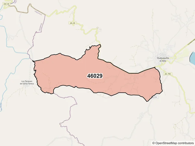 Mapa del código postal 46029, Huejuquilla el Alto, Jalisco