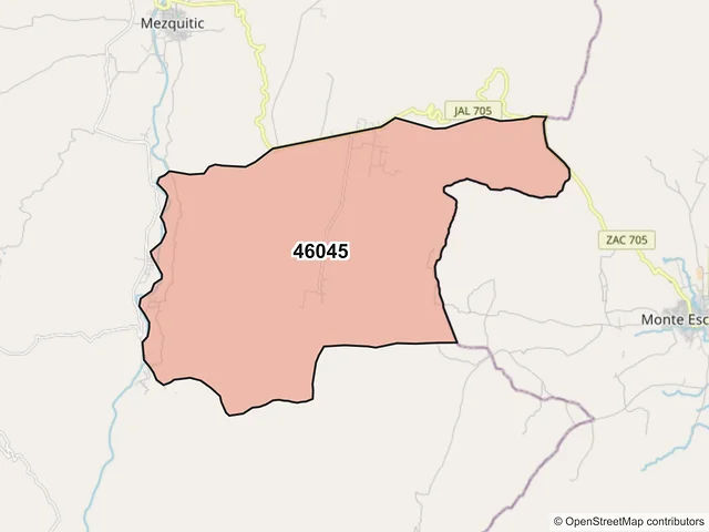 Mapa del código postal 46045, Mezquitic, Jalisco