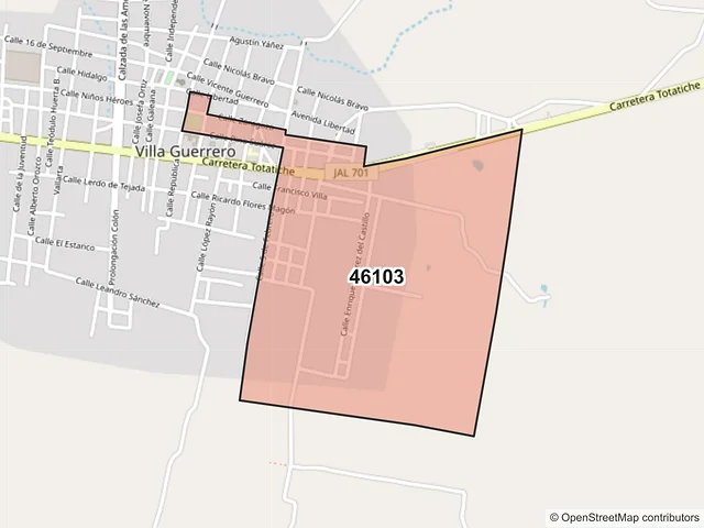 Mapa del código postal 46103, Villa Guerrero, Jalisco