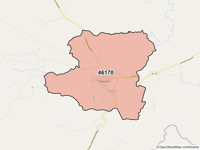 Mapa del código postal 46170, Totatiche, Jalisco