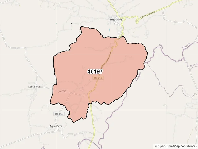 Mapa del código postal 46197, Totatiche, Jalisco