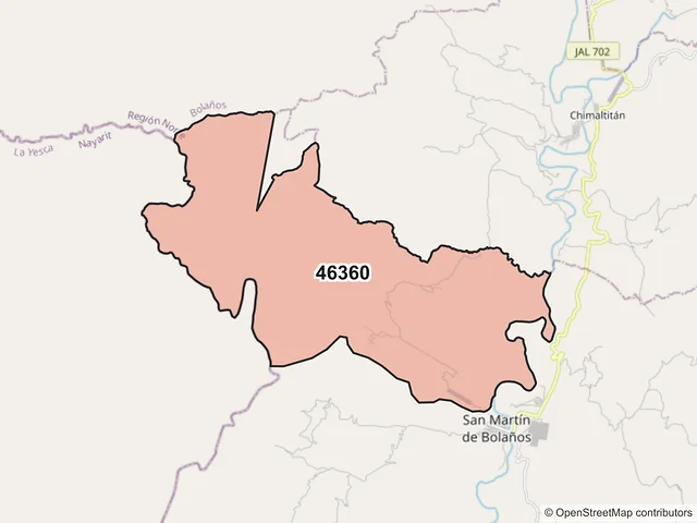 Mapa del código postal 46360, San Martín de Bolaños, Jalisco