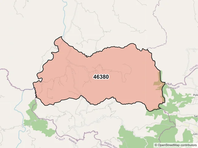Mapa del código postal 46380, San Martín de Bolaños, Jalisco