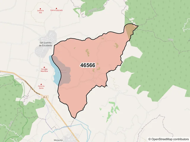 Mapa del código postal 46566, San Juanito de Escobedo, Jalisco