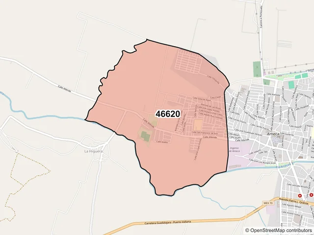 Mapa del código postal 46620, Ameca, Jalisco