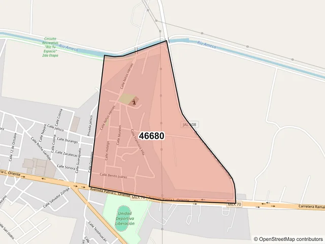 Mapa del código postal 46680, Ameca, Jalisco