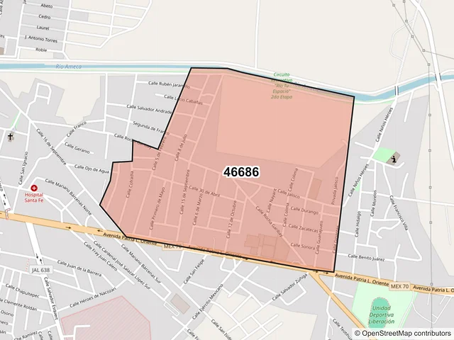 Mapa del código postal 46686, Ameca, Jalisco