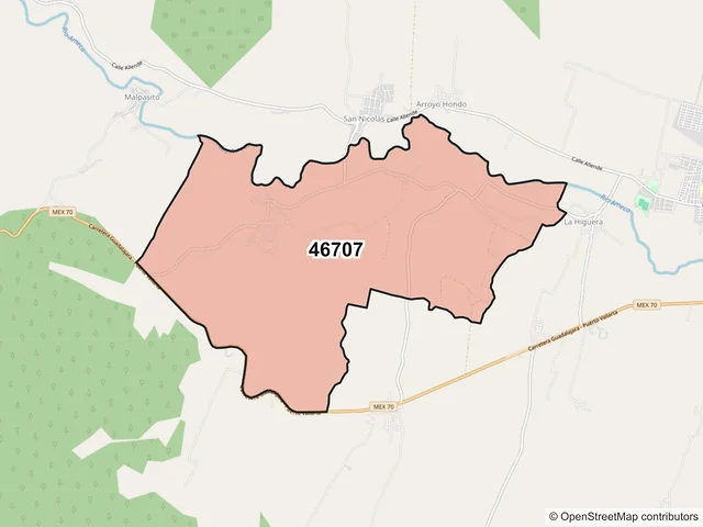 Mapa del código postal 46707, Ameca, Jalisco