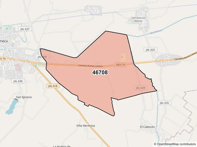 Mapa del código postal 46708, Ameca, Jalisco