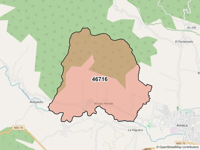 Mapa del código postal 46716, Ameca, Jalisco