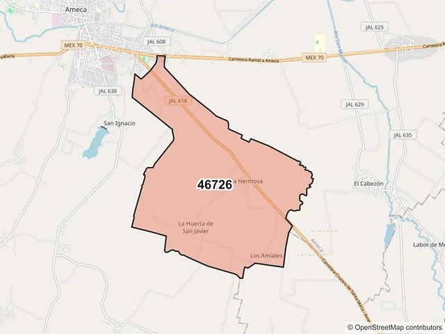 Mapa del código postal 46726, Ameca, Jalisco