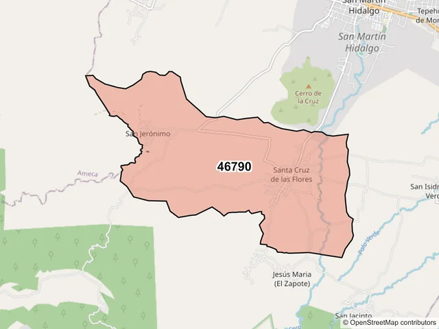 Mapa del código postal 46790, San Martín Hidalgo, Jalisco