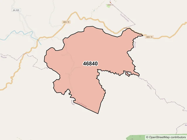 Mapa del código postal 46840, Guachinango, Jalisco