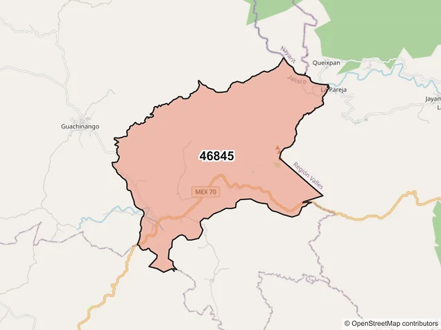 Mapa del código postal 46845, Guachinango, Jalisco