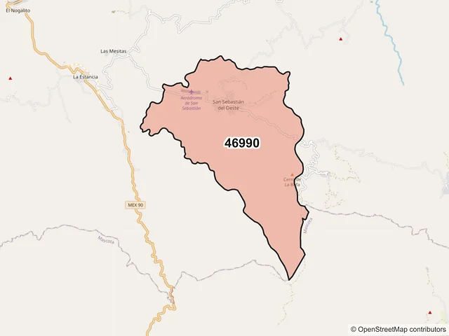 Mapa del código postal 46990, San Sebastián del Oeste, Jalisco
