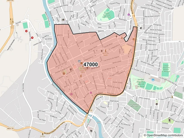 Mapa del código postal 47000, San Juan de los Lagos, Jalisco