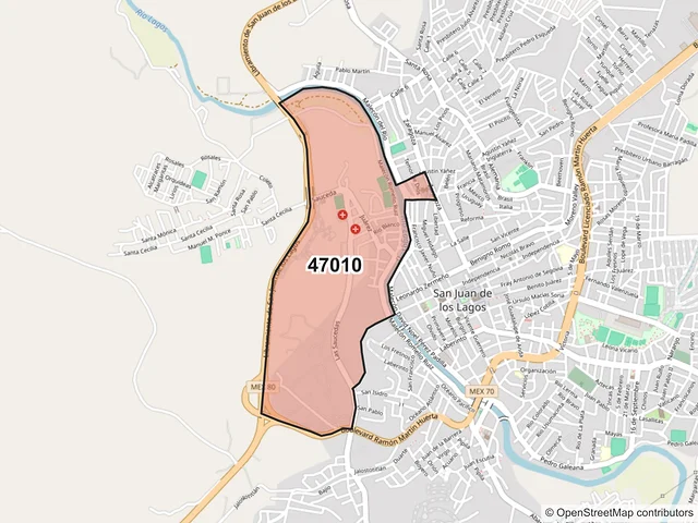 Mapa del código postal 47010, San Juan de los Lagos, Jalisco
