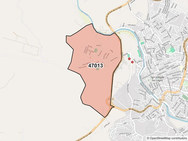 Mapa del código postal 47013, San Juan de los Lagos, Jalisco