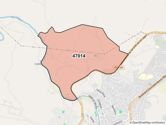 Mapa del código postal 47014, San Juan de los Lagos, Jalisco