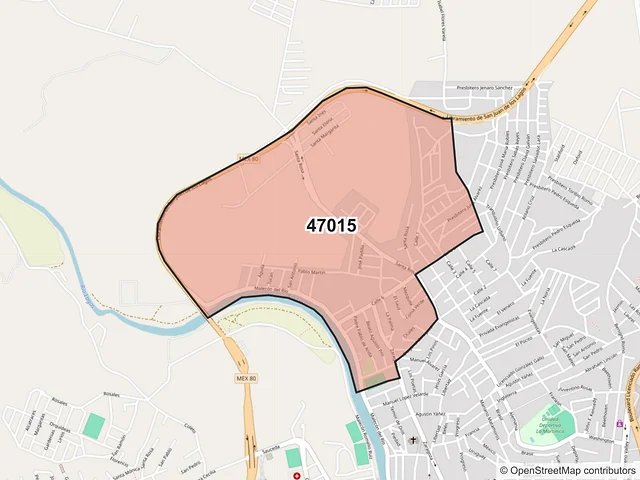 Mapa del código postal 47015, San Juan de los Lagos, Jalisco