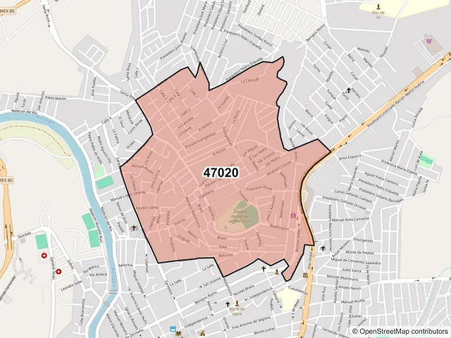 Mapa del código postal 47020, San Juan de los Lagos, Jalisco