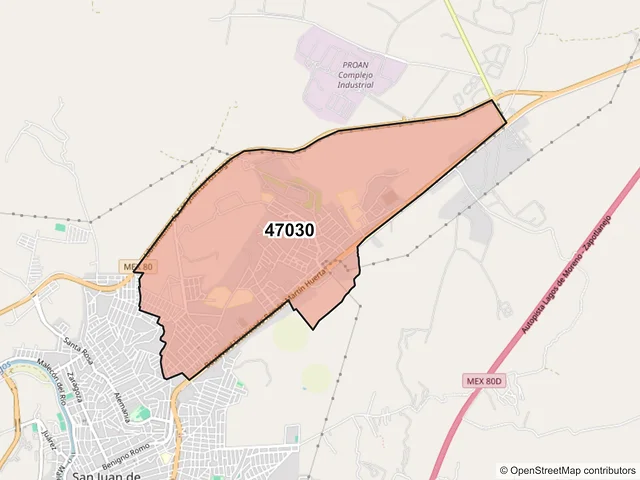 Mapa del código postal 47030, San Juan de los Lagos, Jalisco