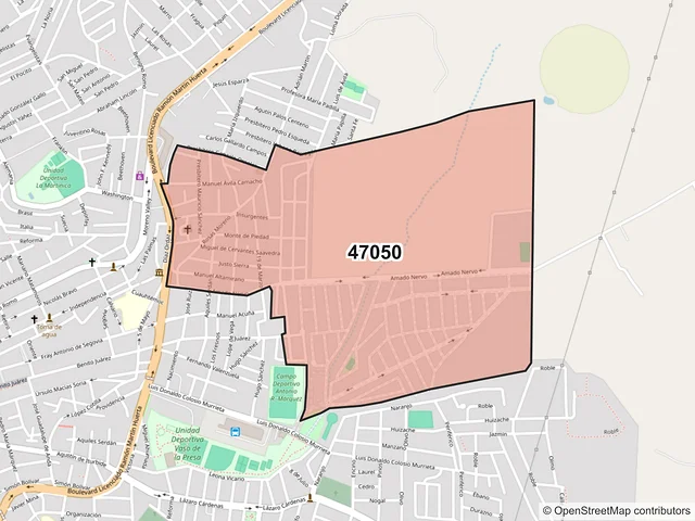 Mapa del código postal 47050, San Juan de los Lagos, Jalisco