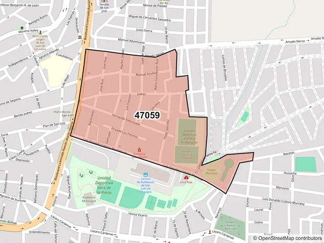 Mapa del código postal 47059, San Juan de los Lagos, Jalisco