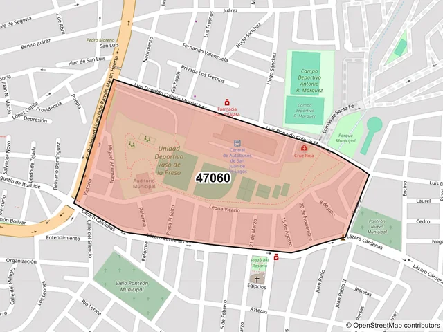 Mapa del código postal 47060, San Juan de los Lagos, Jalisco