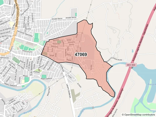Mapa del código postal 47069, San Juan de los Lagos, Jalisco