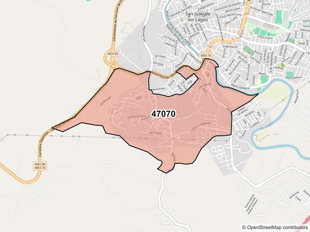 Mapa del código postal 47070, San Juan de los Lagos, Jalisco