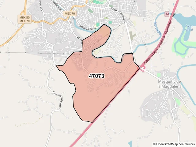 Mapa del código postal 47073, San Juan de los Lagos, Jalisco